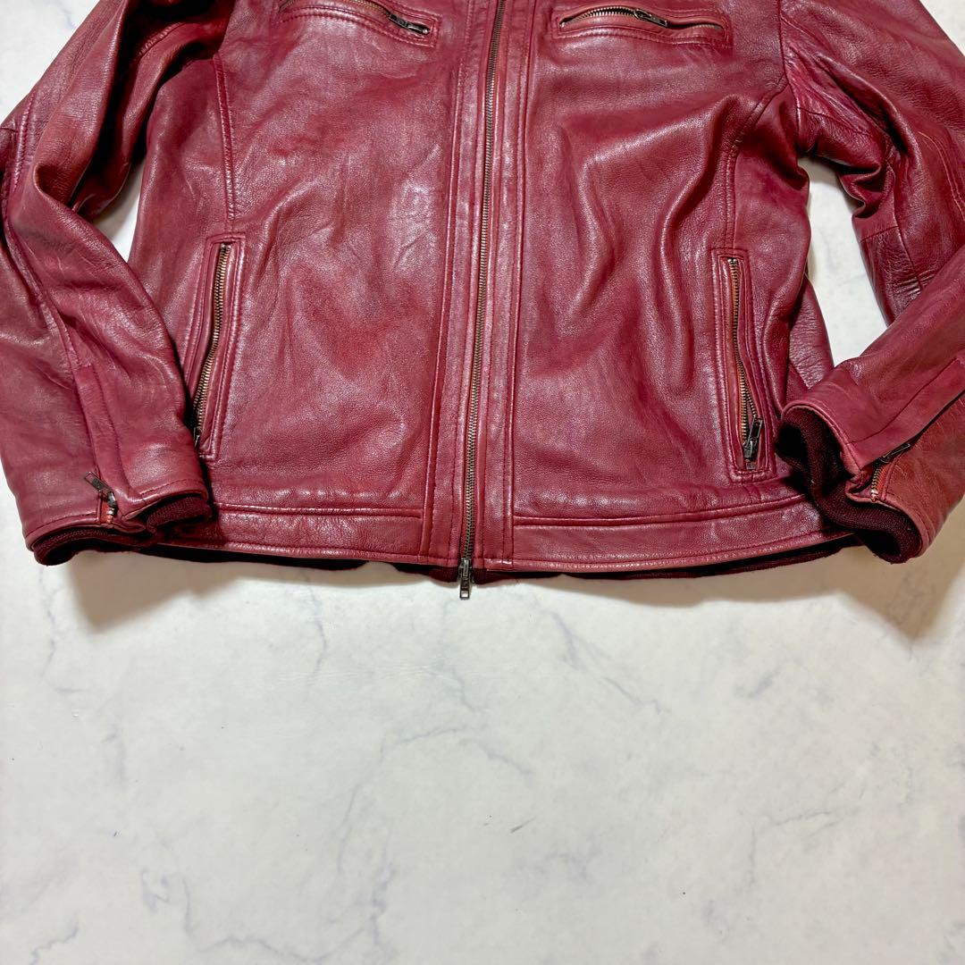 希少3L✨リューグーレザーズ シングルライダースジャケット ラムレザー 赤系