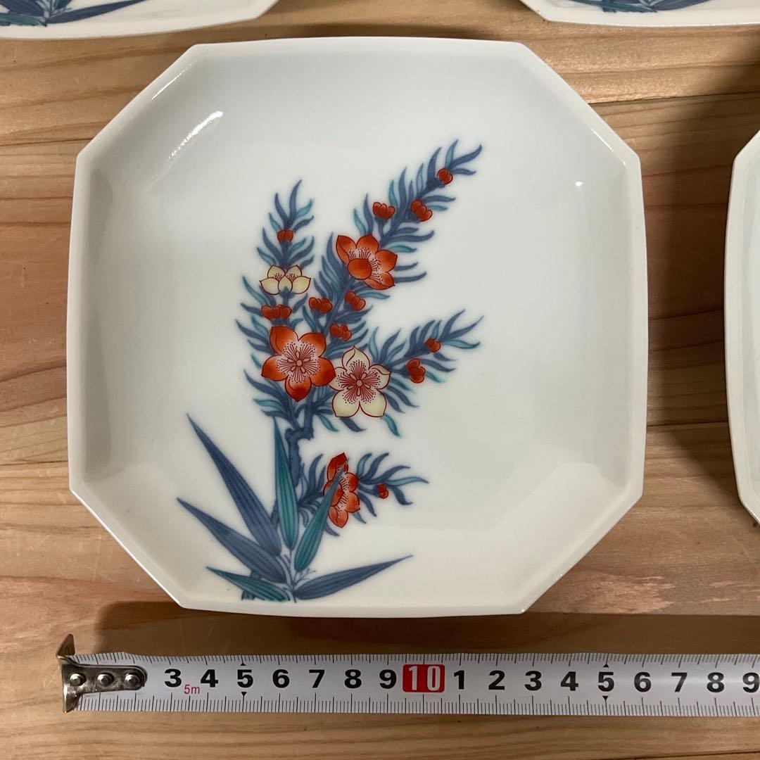 1４代今泉今右衛門　隅切染錦八角皿　5客揃え