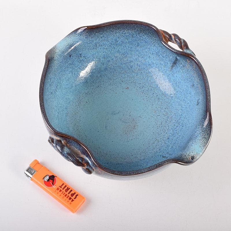 中国　鈞窯　窯変　澱青釉　双耳鉢　C　6906