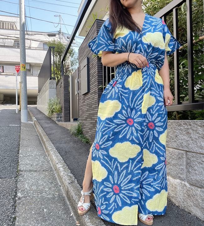 浴衣　リメイク　有松絞り　ワンピース ハンドメイド　ロング　シンプル　青　黄色