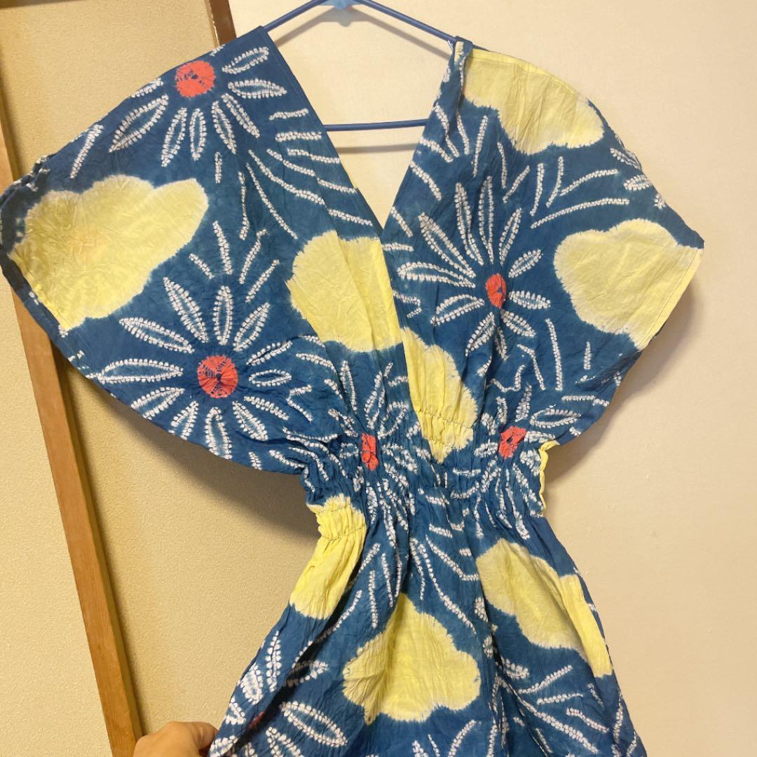 浴衣　リメイク　有松絞り　ワンピース ハンドメイド　ロング　シンプル　青　黄色