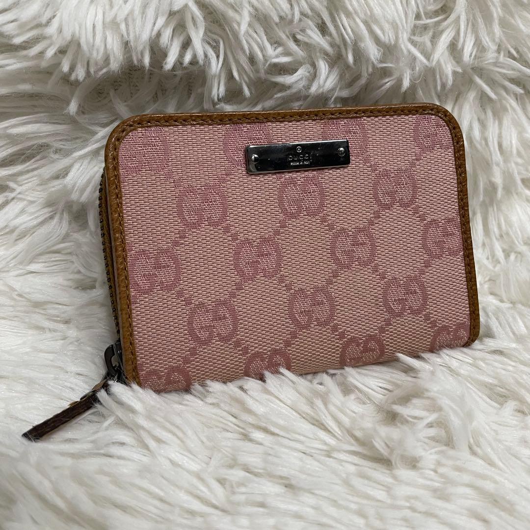 美品 GUCCI シマ　GG 　カード　ケース　ラウンドジップ　ピンク