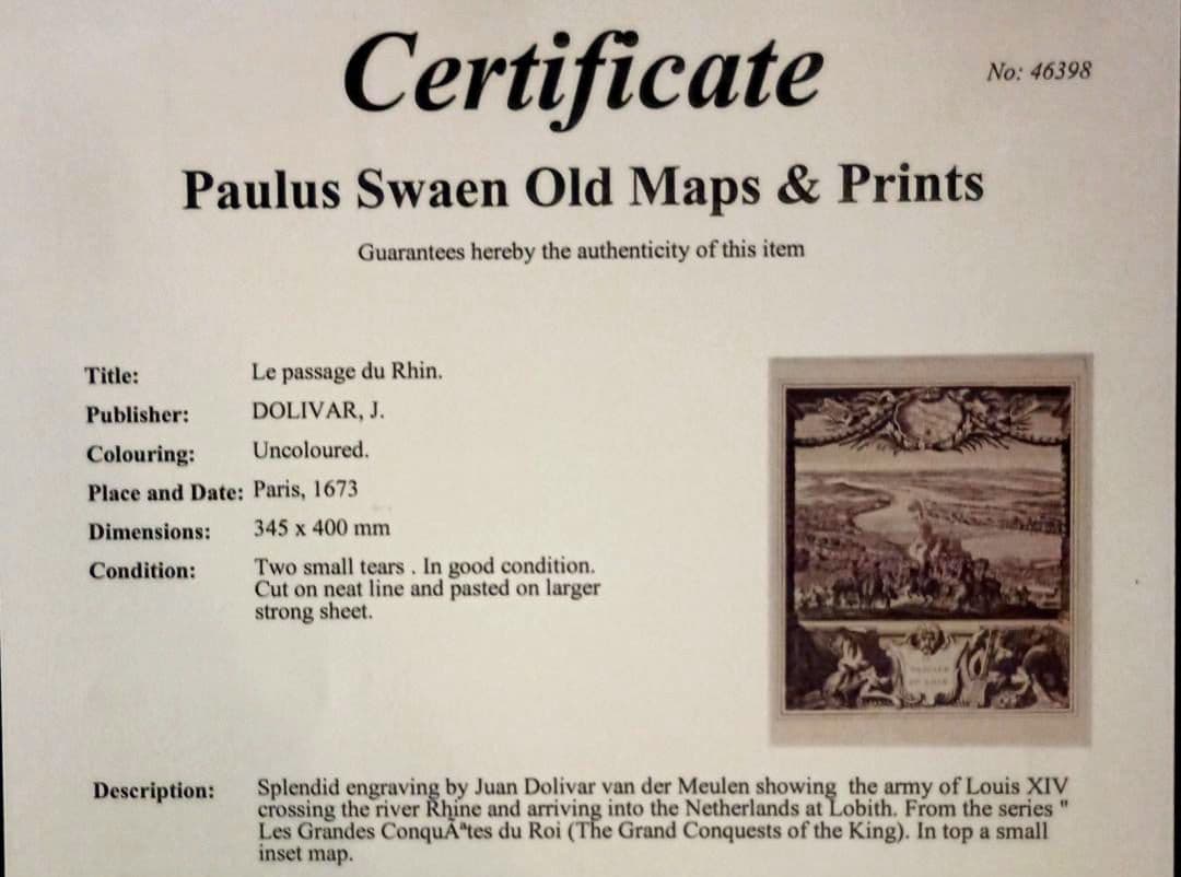額装品　1673年　J.DOLIVAR 「ライン侵攻の図」稀少　美品