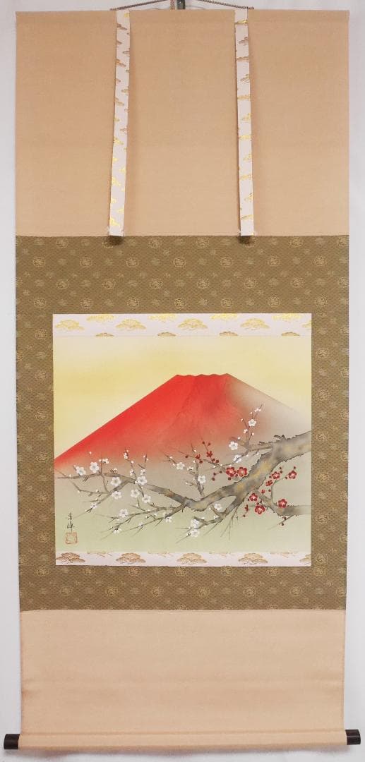 掛軸【赤富士紅白梅】日本画家　井上秀峰◆絹本肉筆　共箱付　日本画　山水　花鳥