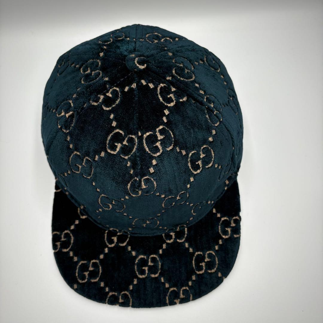 【美品】【希少XL】グッチ キャップ ベルベット ターコイズ GG柄