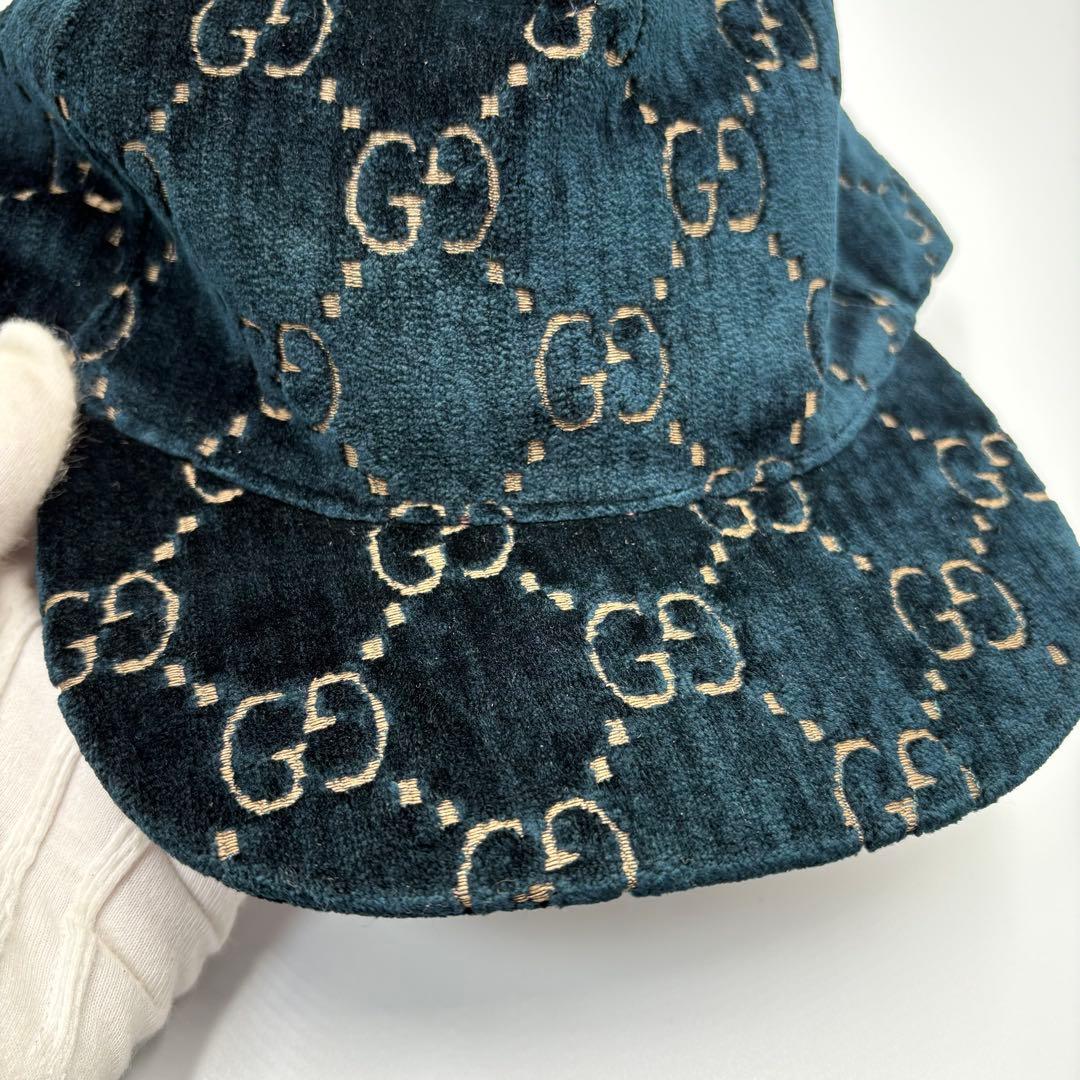【美品】【希少XL】グッチ キャップ ベルベット ターコイズ GG柄