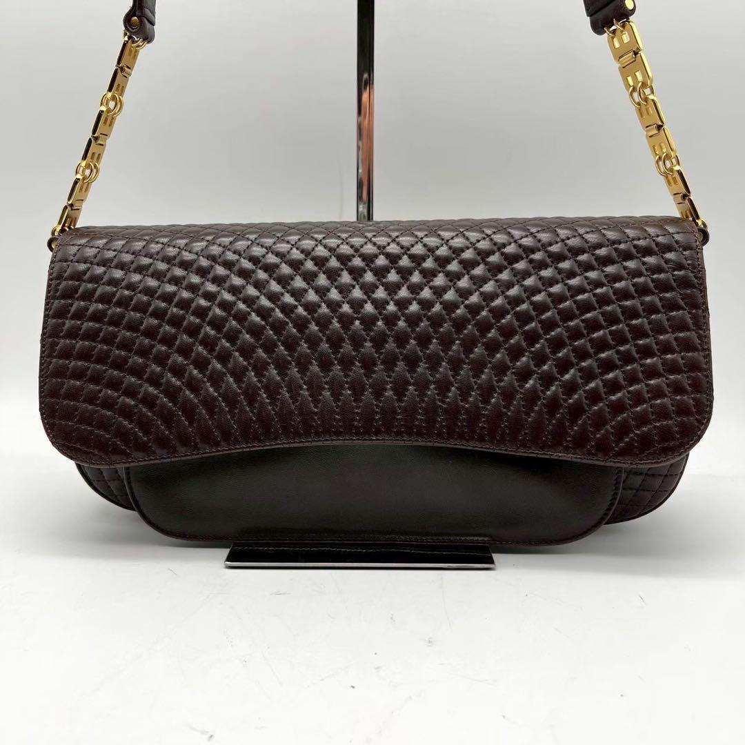 【美品】バリー 2wayキルティング チェーン ショルダーバッグ ブラウン