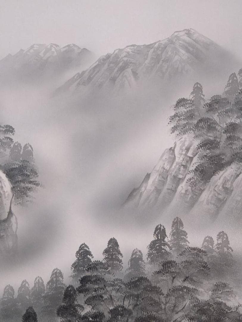 【真作】掛軸　内藤白嶺　水墨山水　静けさ漂う日本画　共箱入　T65