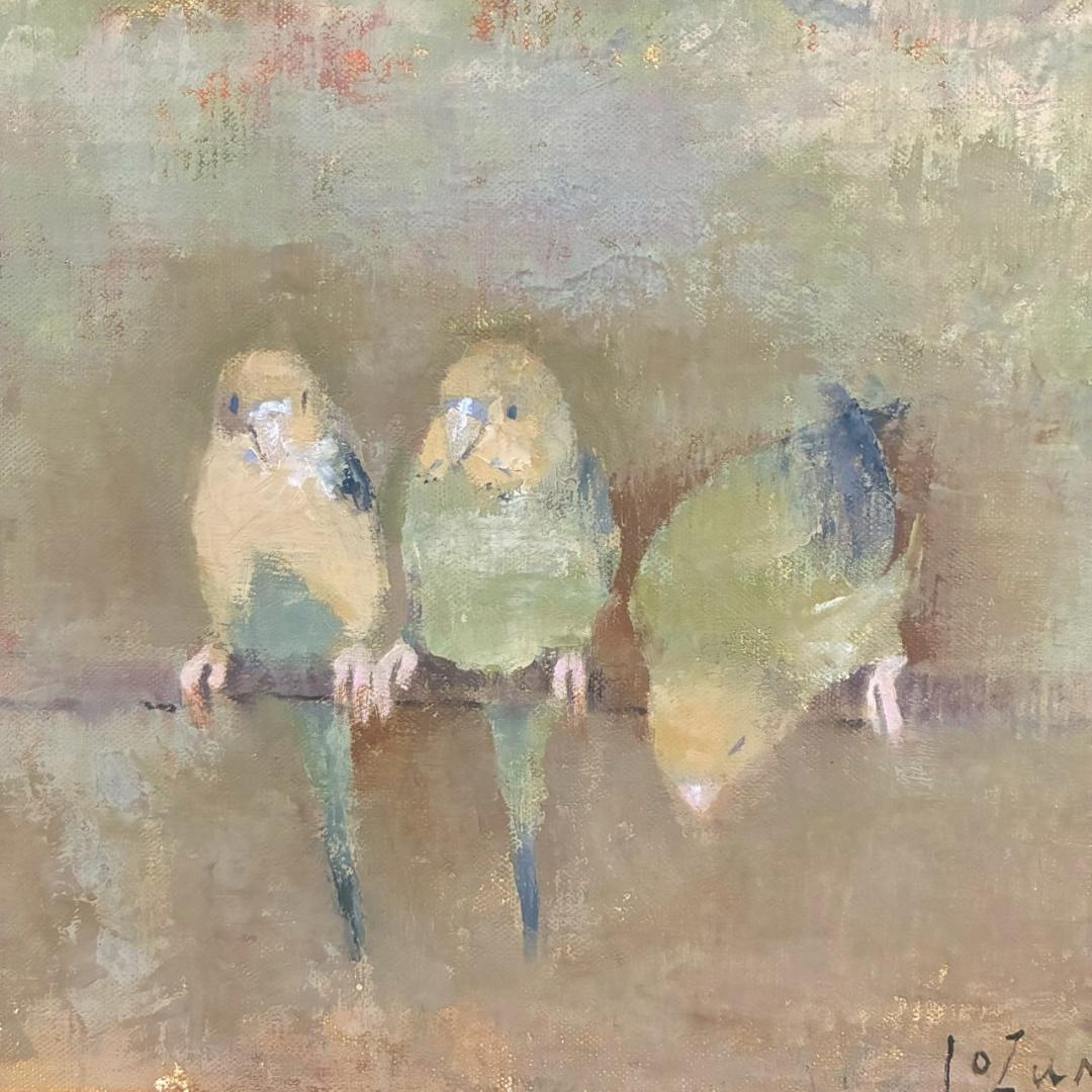 五百住乙人「インコ」キャンバスに油彩画 油絵 F3 直筆サイン入り 額縁入り