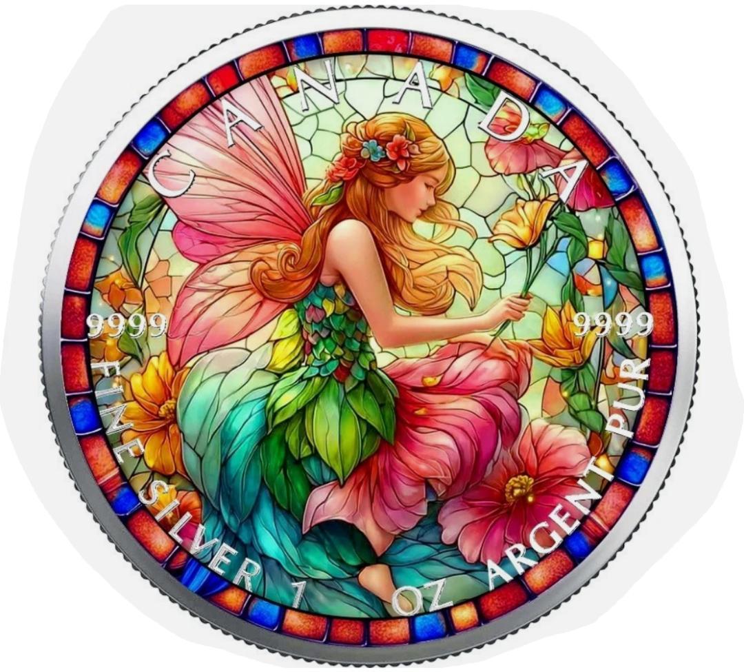 2025年カナダ ステンドグラス風 フェアリー（妖精） 1オンス カラー銀貨