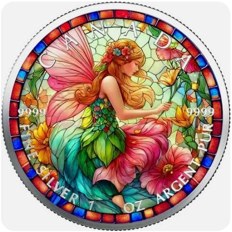 2025年カナダ ステンドグラス風 フェアリー（妖精） 1オンス カラー銀貨