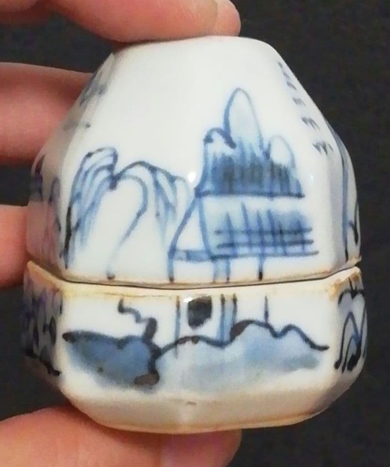 佐藤走波作　染付　山水　香合　共箱　茶道具