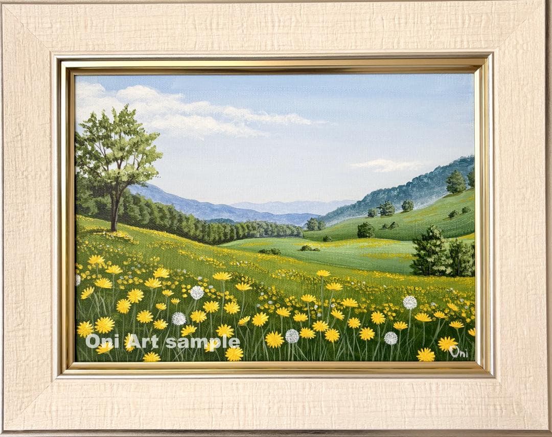 アクリル画　原画　「野花の咲く高原01」額縁付　F4サイズ　キャンバス