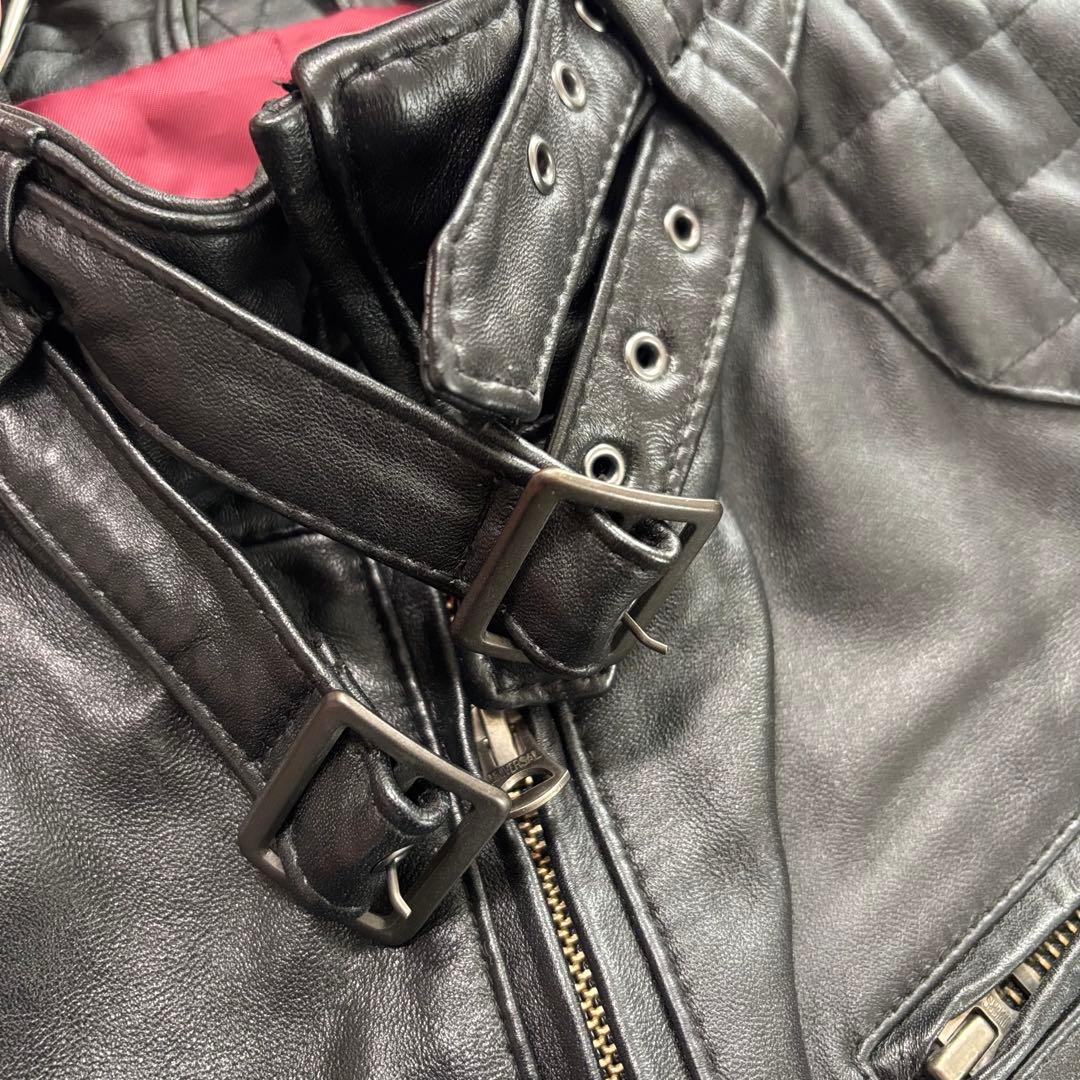 メンズビギ[羊革 キルティング レッド]ライダースジャケット Lサイズ ブラック