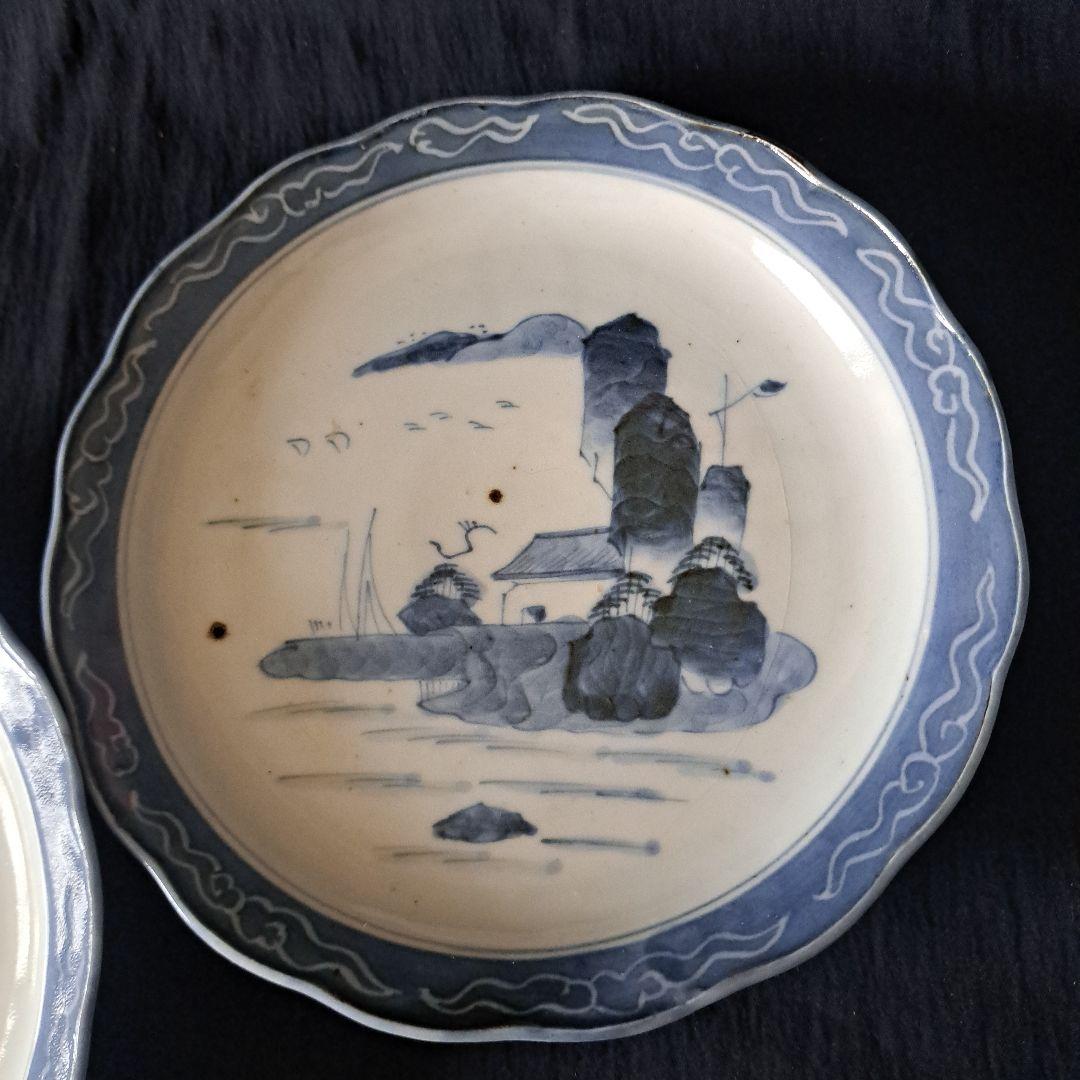 「青と白のコントラスト！ 山水画皿(直径18cm)」 古伊万里皿 2客セット 骨
