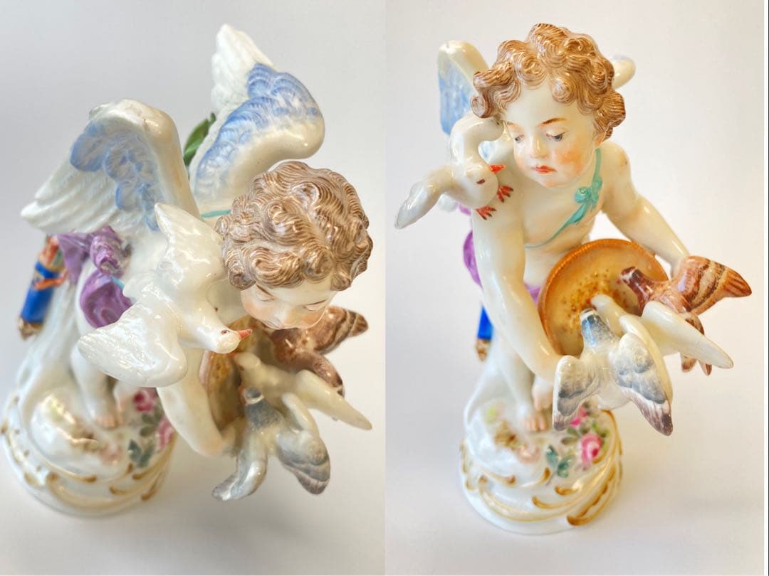 古マイセン 人形 フィギュリン 「鳩に給餌する天使」 1級品　1898年