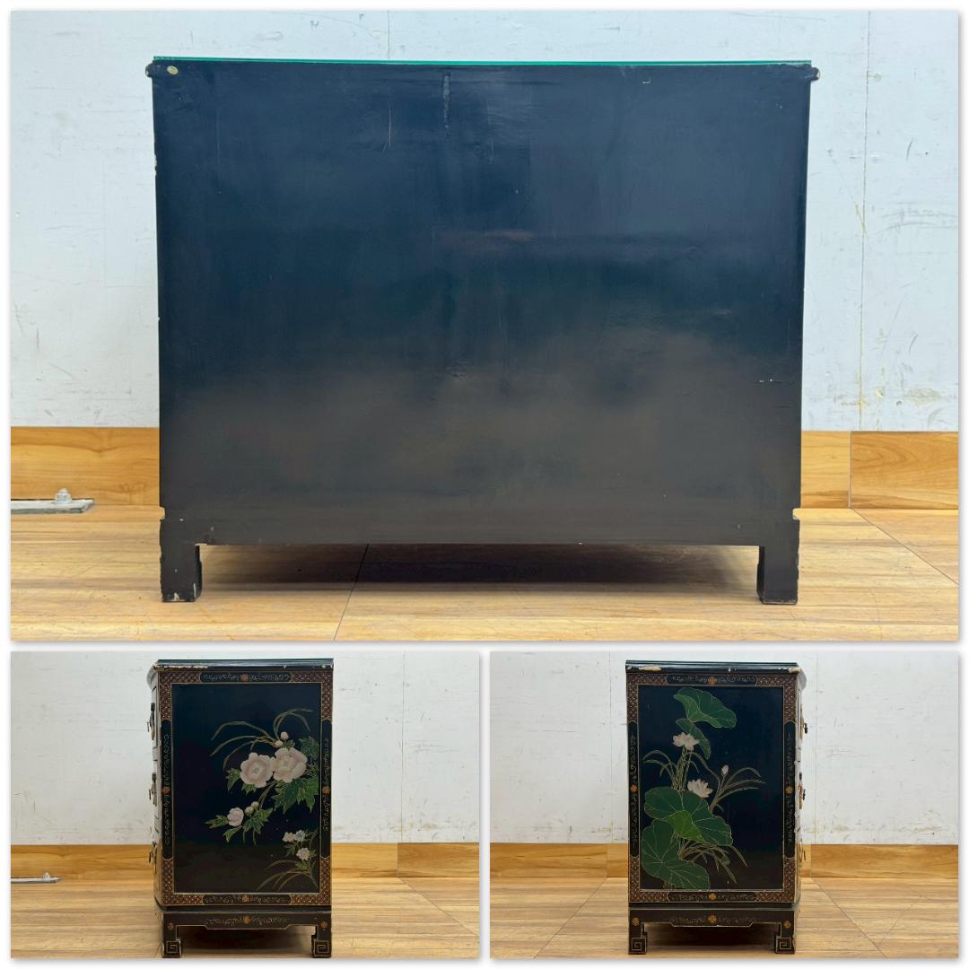 T1533☆中国家具　アンティーク　チェスト　シノワズリ　玉石細工　黒漆　箪笥
