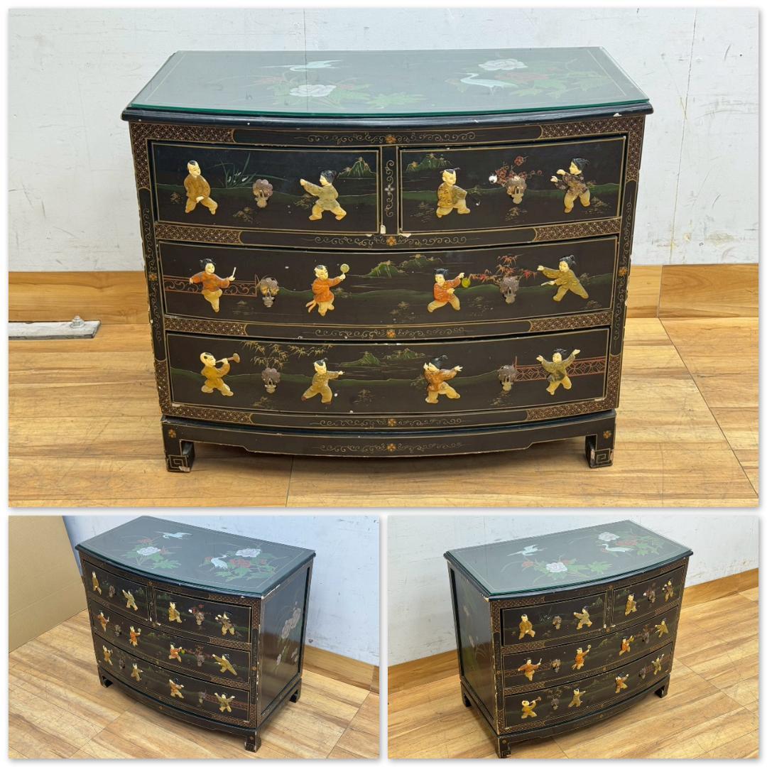 T1533☆中国家具　アンティーク　チェスト　シノワズリ　玉石細工　黒漆　箪笥