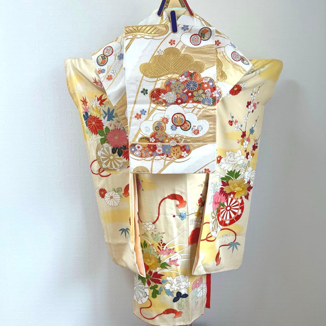 447 振袖フルセット 正絹 クリームイエロー 手描き 金彩 暈し染め レトロ