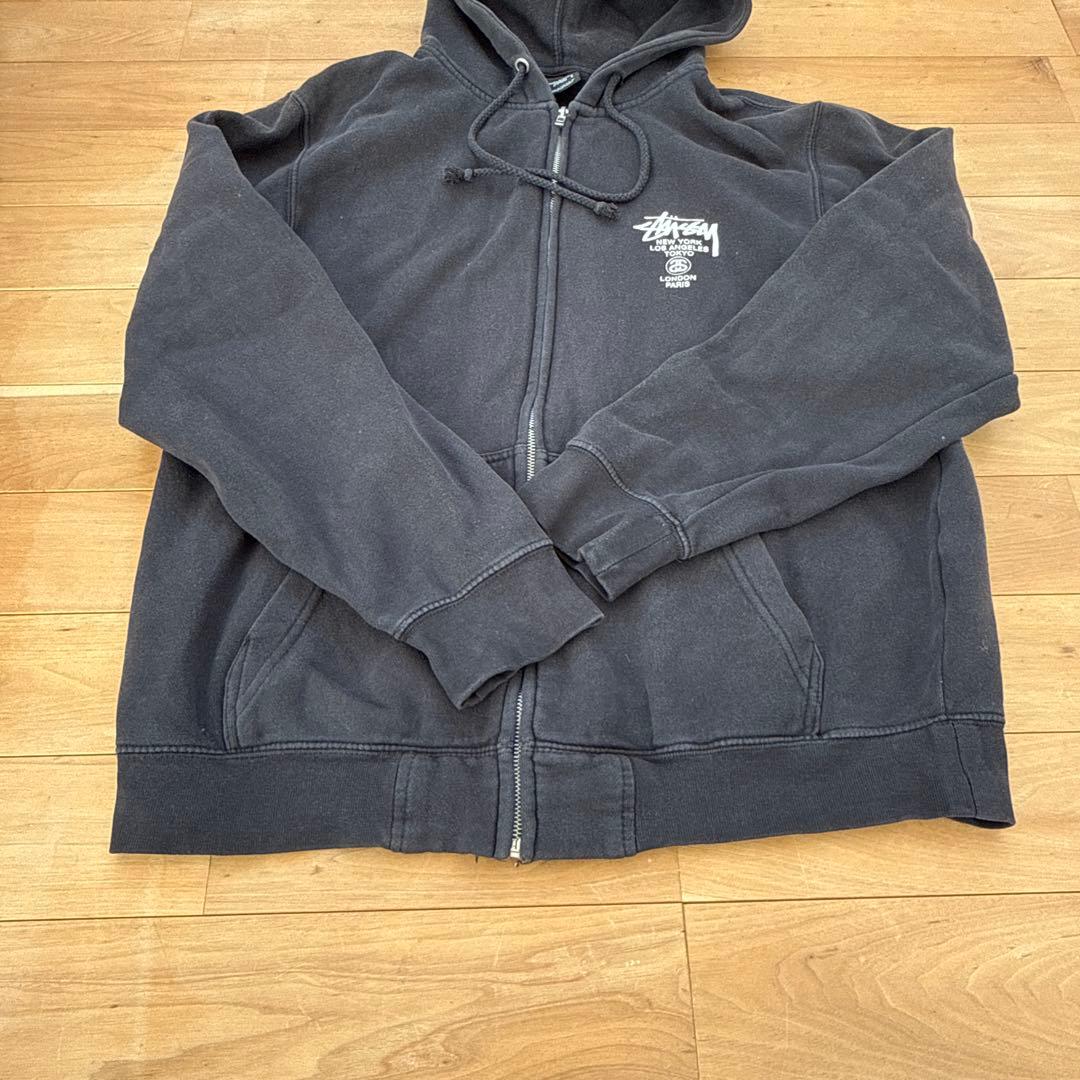 stussy ジップアップパーカー　ワールドツアー　ブラック　L フーディ　黒