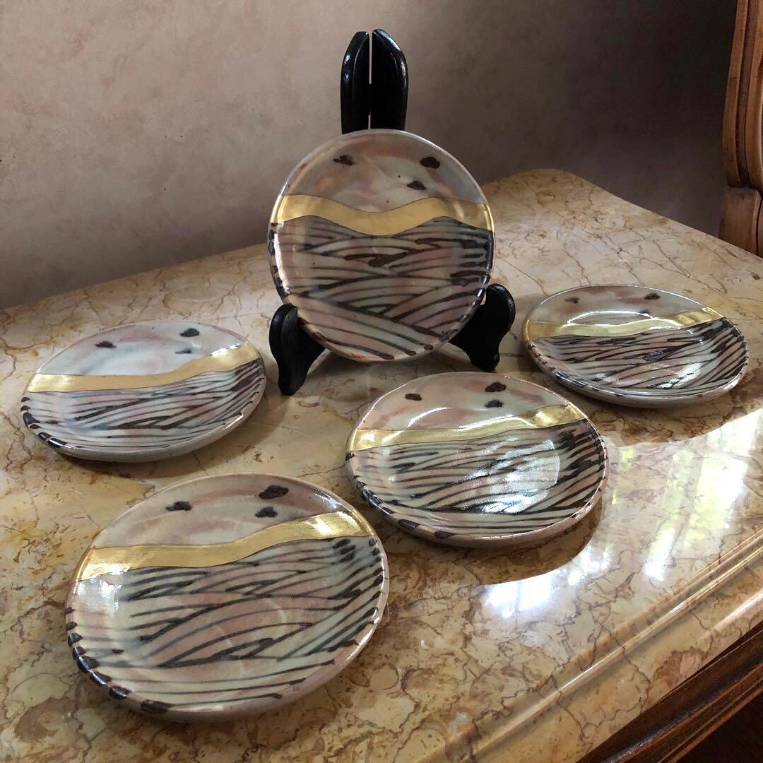 仙山窯 安藤日出武作 乾山風金彩銘々皿5客