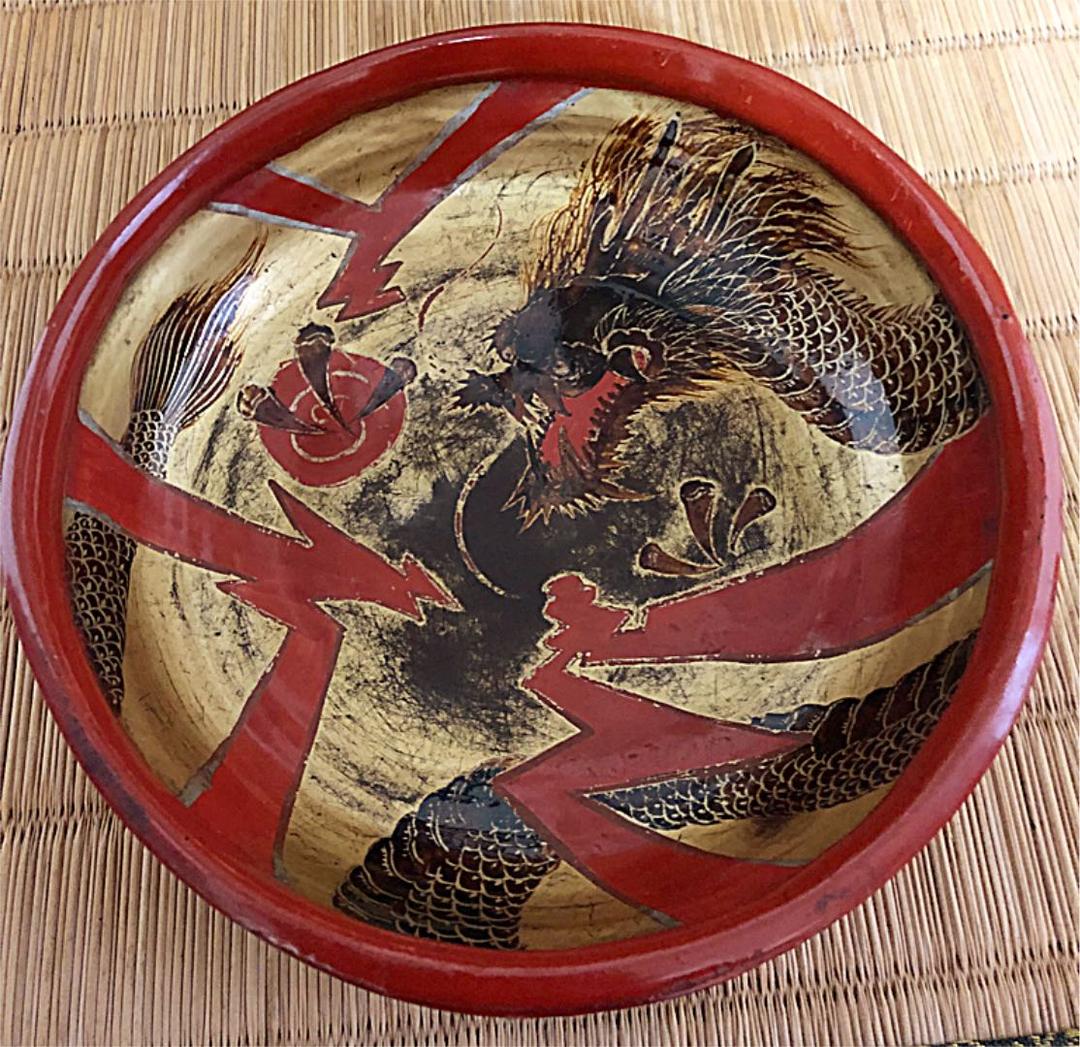 時代 磁器 朱塗り 金彩 稲妻龍紋 鉢 最終処分価格