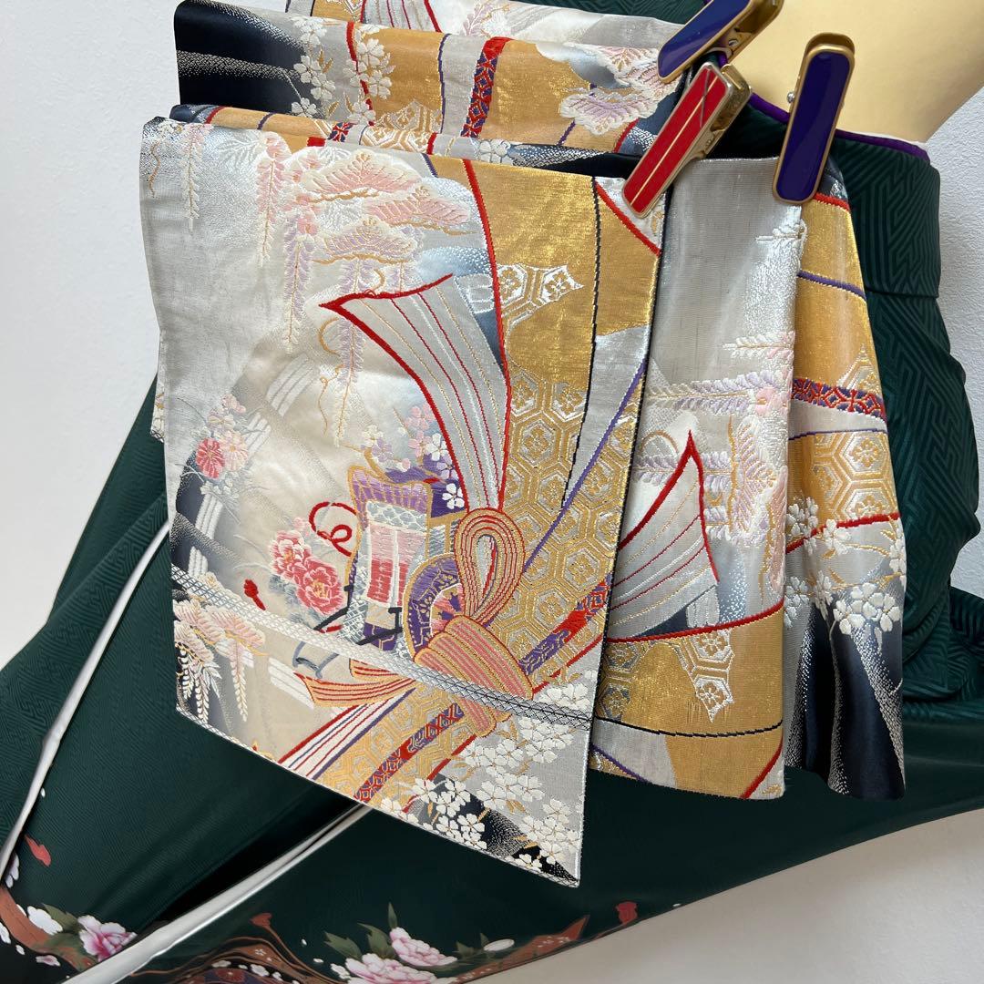 387 振袖フルセット 正絹 深緑 グリーン 金彩 暈し染め ゆったり XL