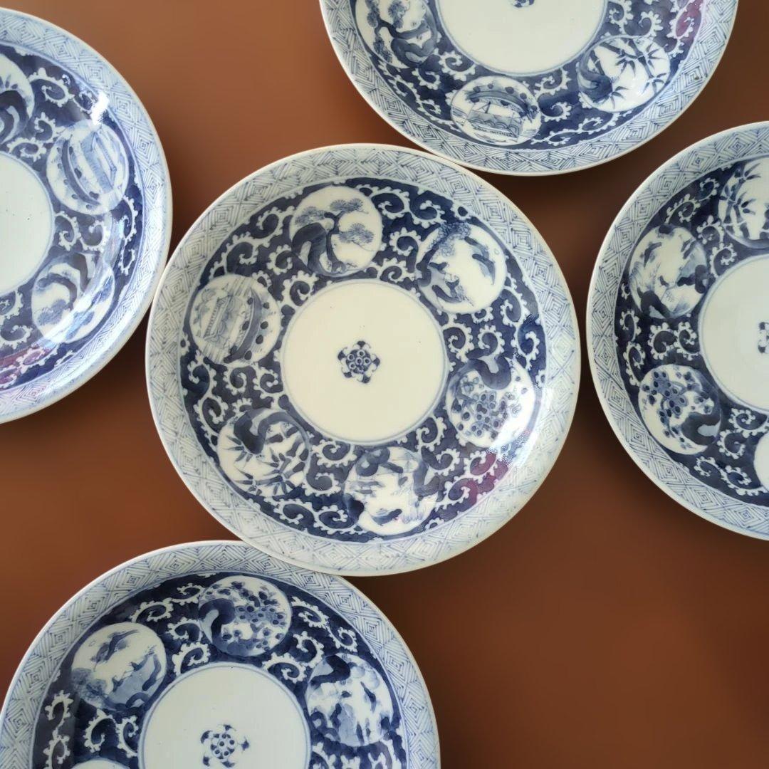 骨董　染め付け　18cm　陶器 中皿　皿　取り皿　窓丸紋　5枚〜