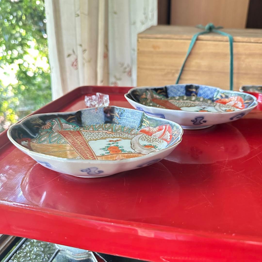 I様へ感謝お嫁入り‼️伊万里錦手若松＆橙＆ふきよせ兜形刺身皿 十字模様なし6客