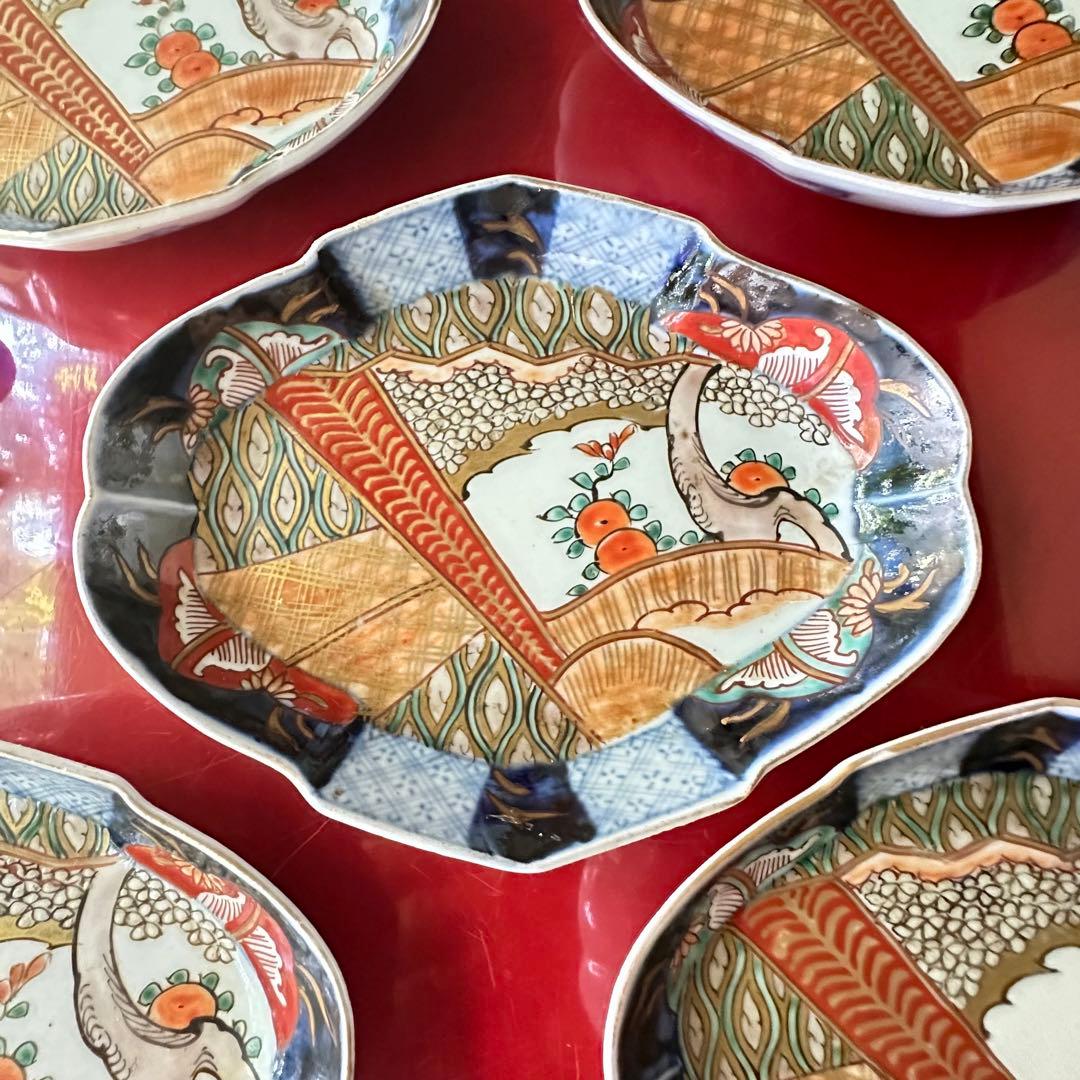 I様へ感謝お嫁入り‼️伊万里錦手若松＆橙＆ふきよせ兜形刺身皿 十字模様なし6客