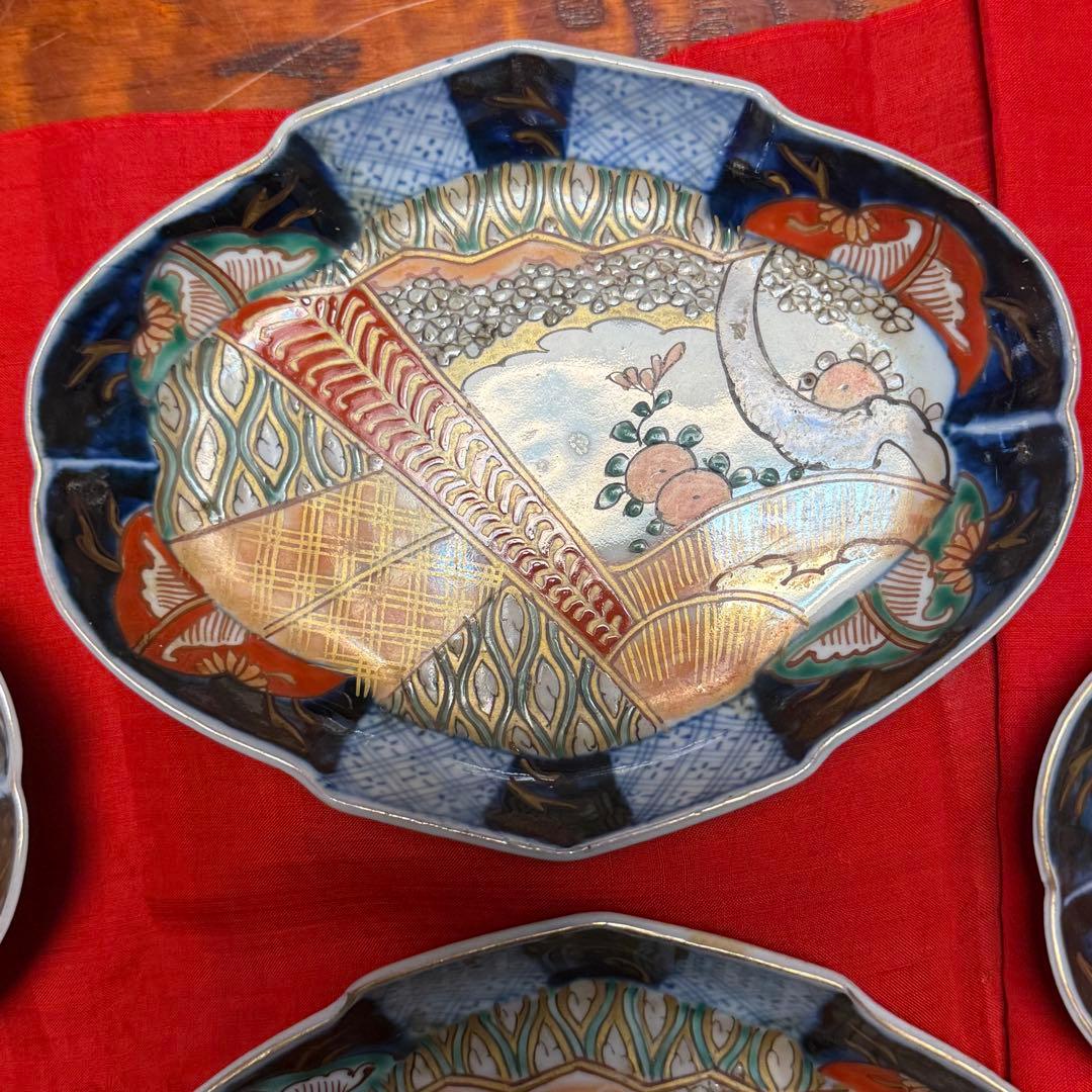 I様へ感謝お嫁入り‼️伊万里錦手若松＆橙＆ふきよせ兜形刺身皿 十字模様なし6客