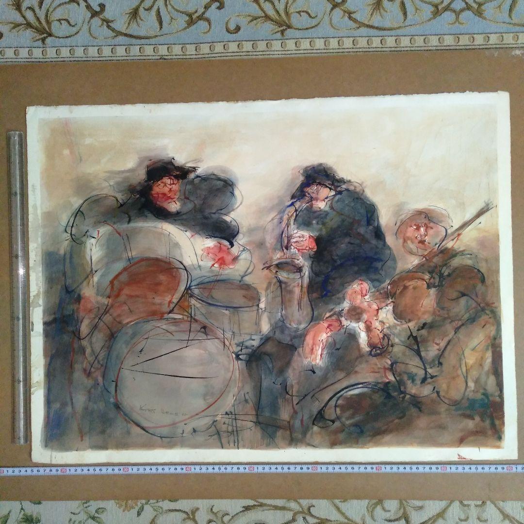 ロシア人作家の水彩画A　人物と楽器の絵