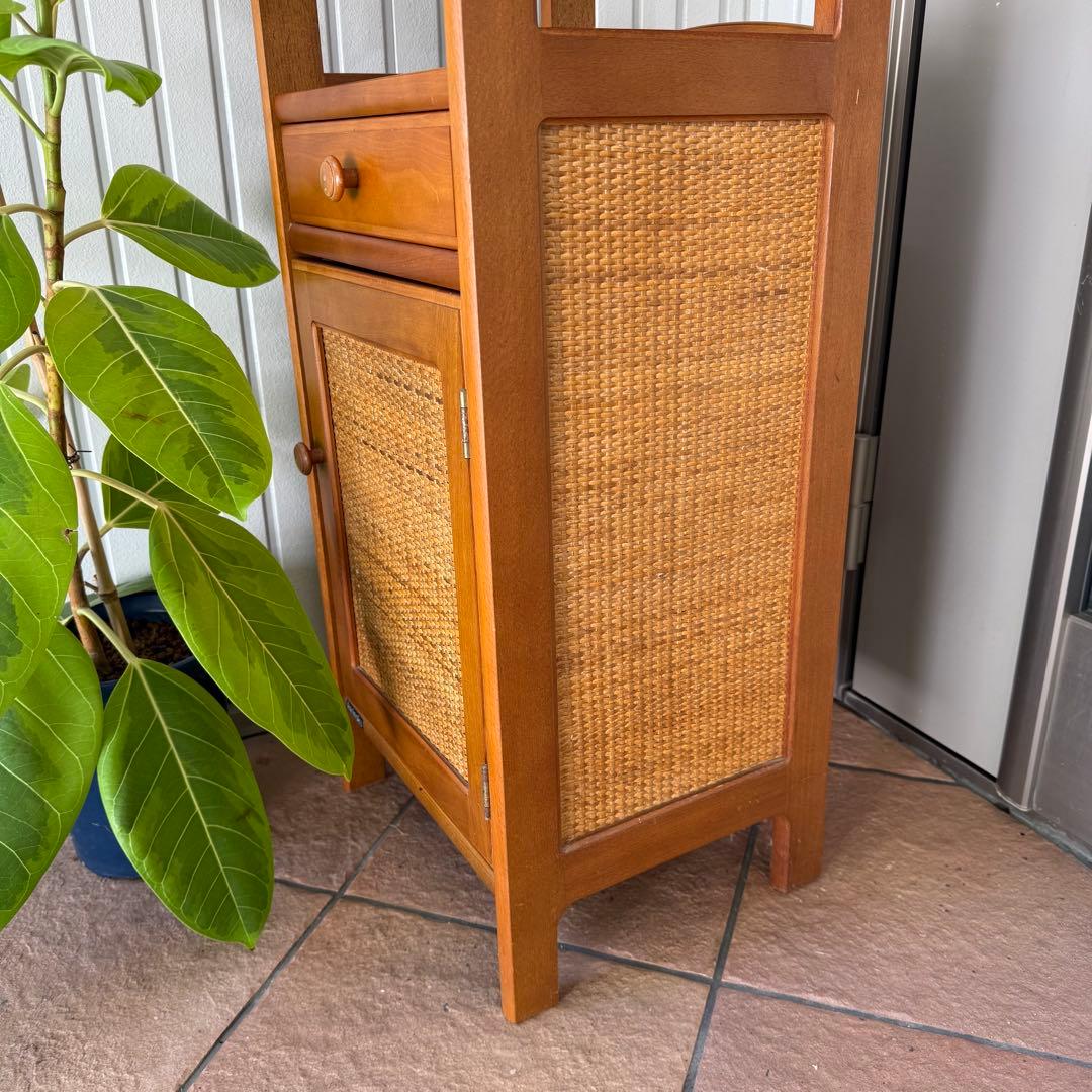 カリモク　ラタン　木製電話台・ファックス台 引き出し付き