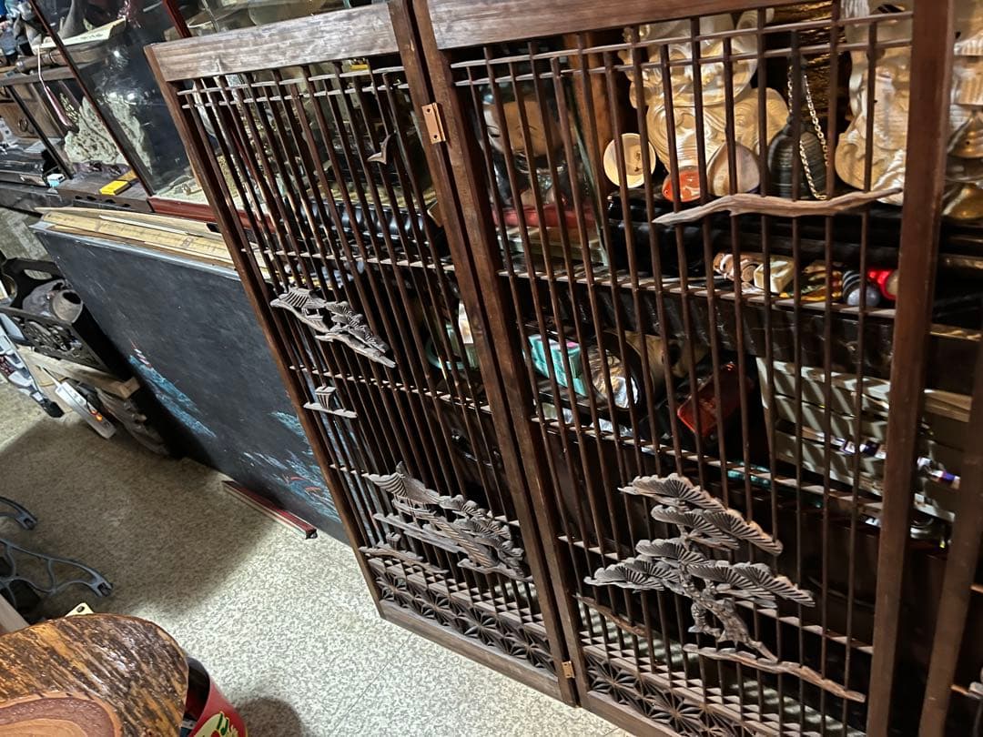 木製の彫刻障子、珍品障子、美しい障子、松の木や船、和室、衝立、風炉先 山水障子