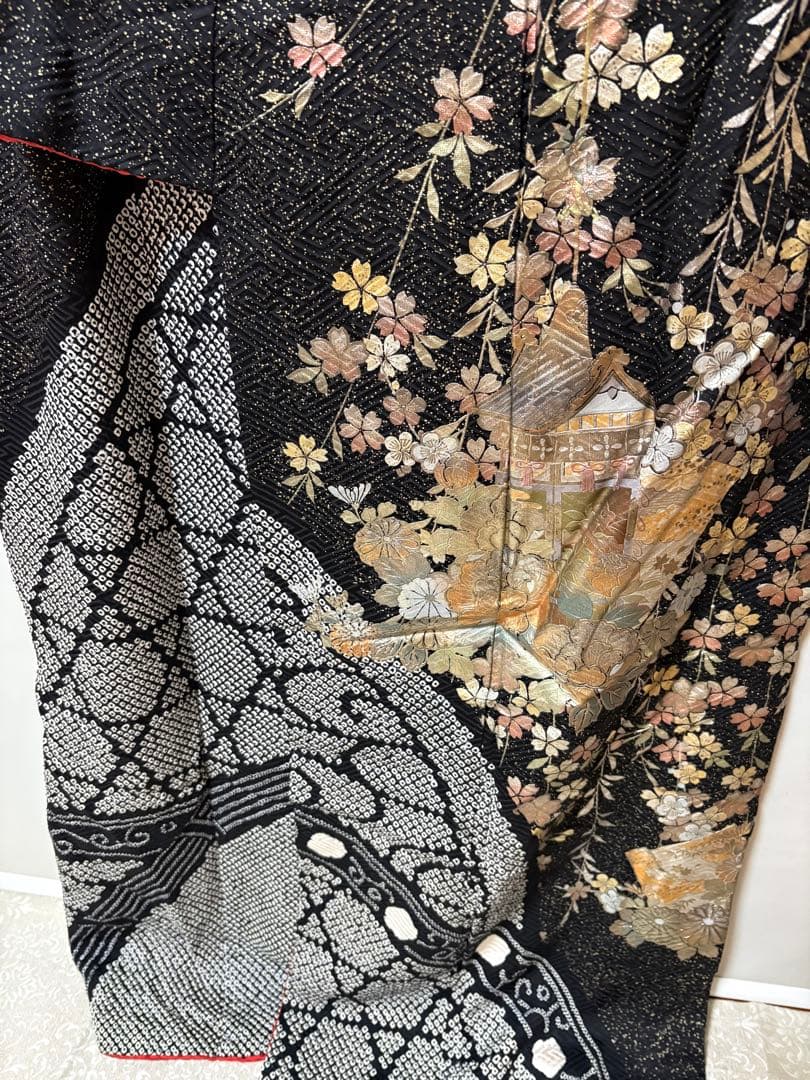 黒絞り　金箔細工　振袖　桜花図　豪華　トールサイズ　裄65.5身丈170㎝