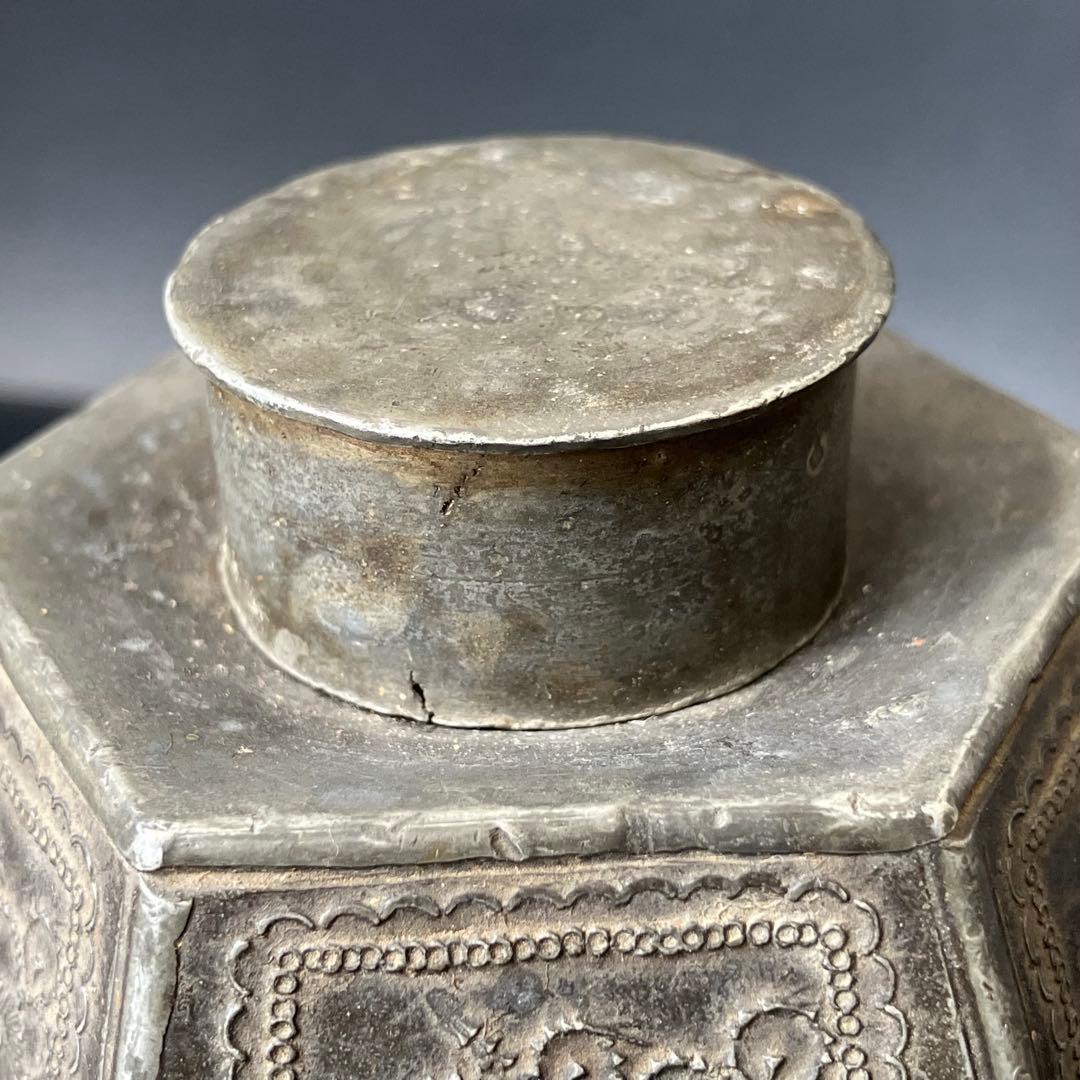 中国美術 茶道具 錫製 茶葉入れ 點銅 古錫製 六角大茶入茶壷