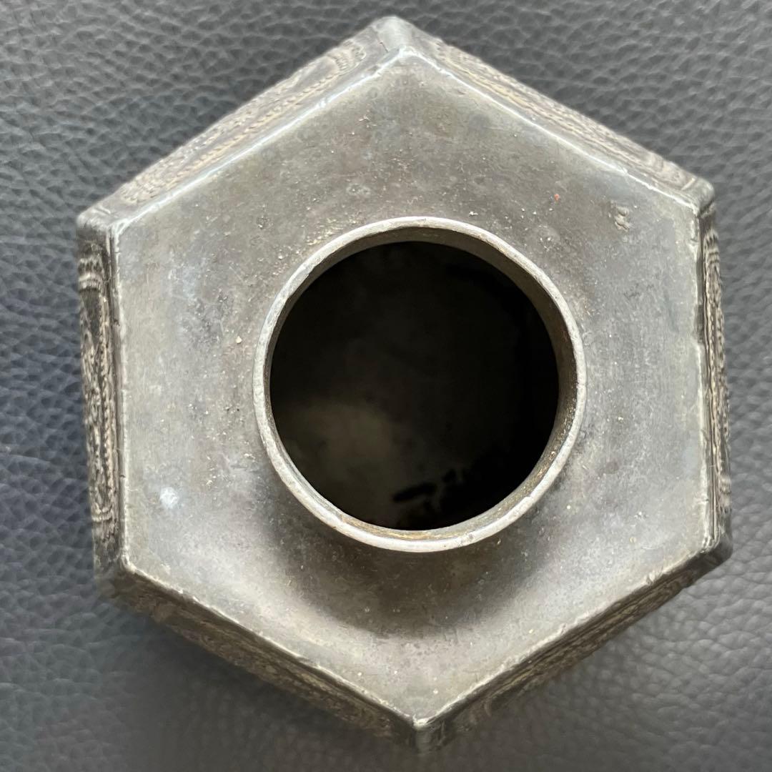 中国美術 茶道具 錫製 茶葉入れ 點銅 古錫製 六角大茶入茶壷