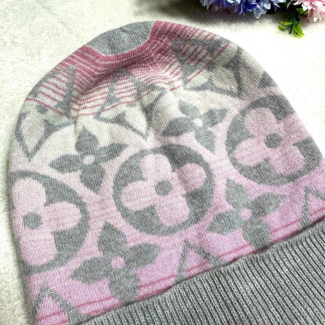 極美品★ルイヴィトン ニット帽　カシミヤ混 帽子 ロゴデザイン ピンク　グレー