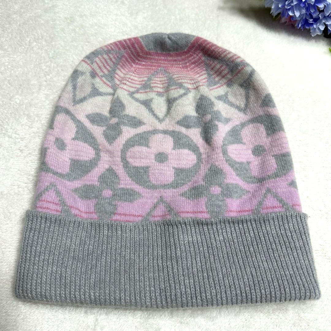 極美品★ルイヴィトン ニット帽　カシミヤ混 帽子 ロゴデザイン ピンク　グレー