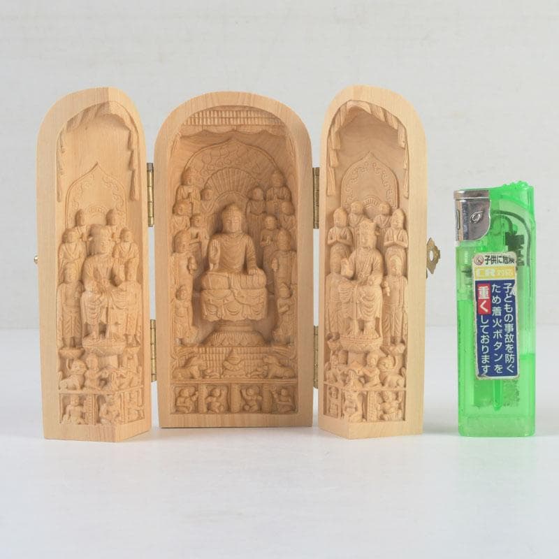 仏教美術　柘植彫刻　諸尊仏龕　三開仏　仏像　木箱付　N　9423