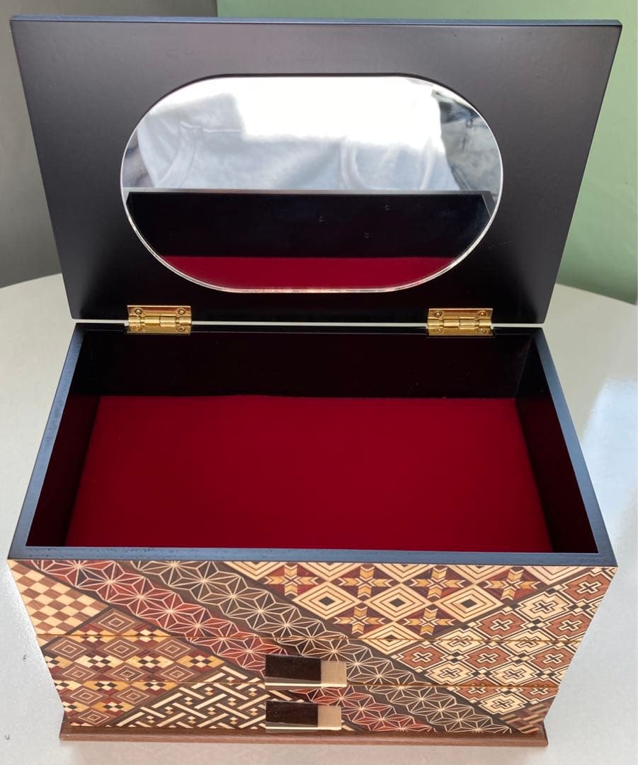 箱根寄木細工 木製収納ボックス　７寸２ツ引き出し ハネ鏡