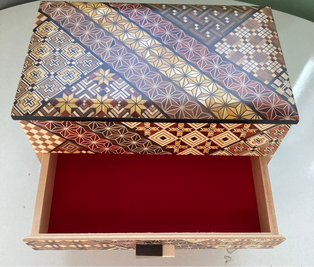 箱根寄木細工 木製収納ボックス　７寸２ツ引き出し ハネ鏡