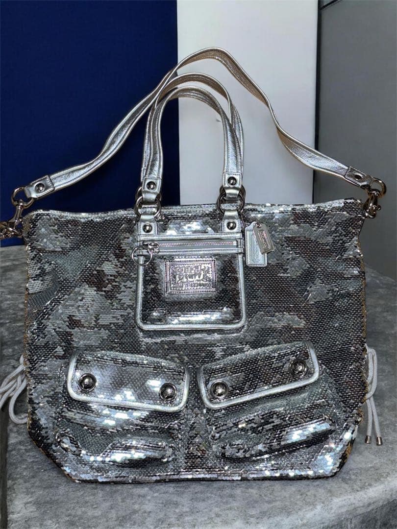 COACH コーチ ポピー ショルダーバッグ スパンコール シルバーPOPPY