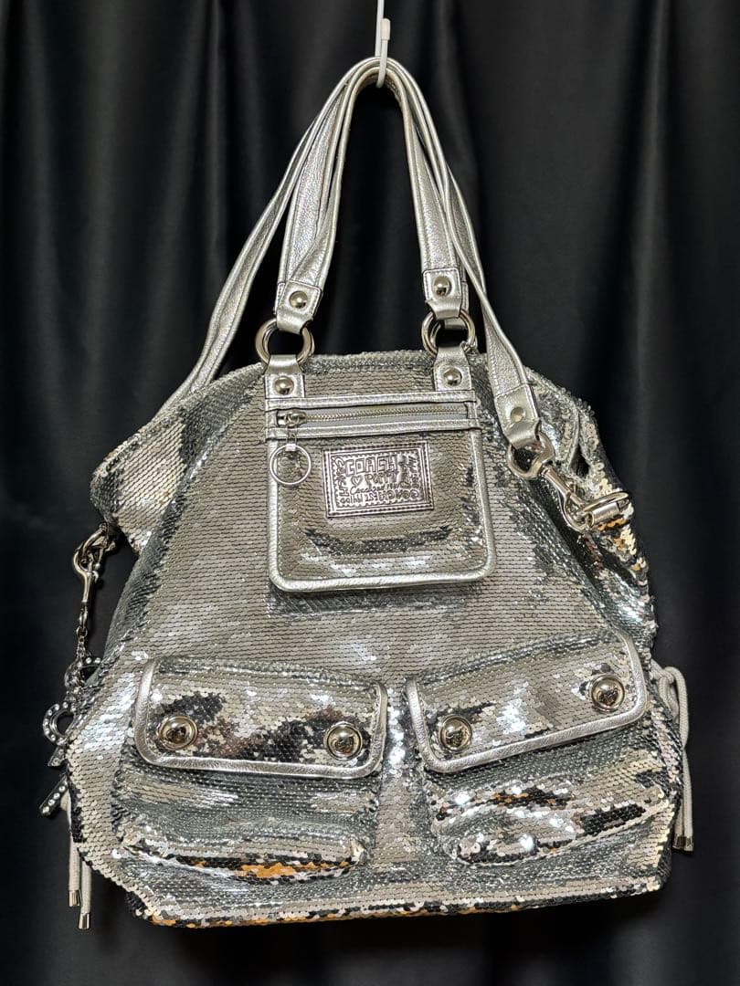 COACH コーチ ポピー ショルダーバッグ スパンコール シルバーPOPPY