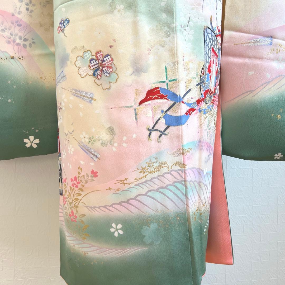 457 振袖フルセット 正絹 緑 グリーン ピンク 桃 金彩 駒刺繍 暈し染め