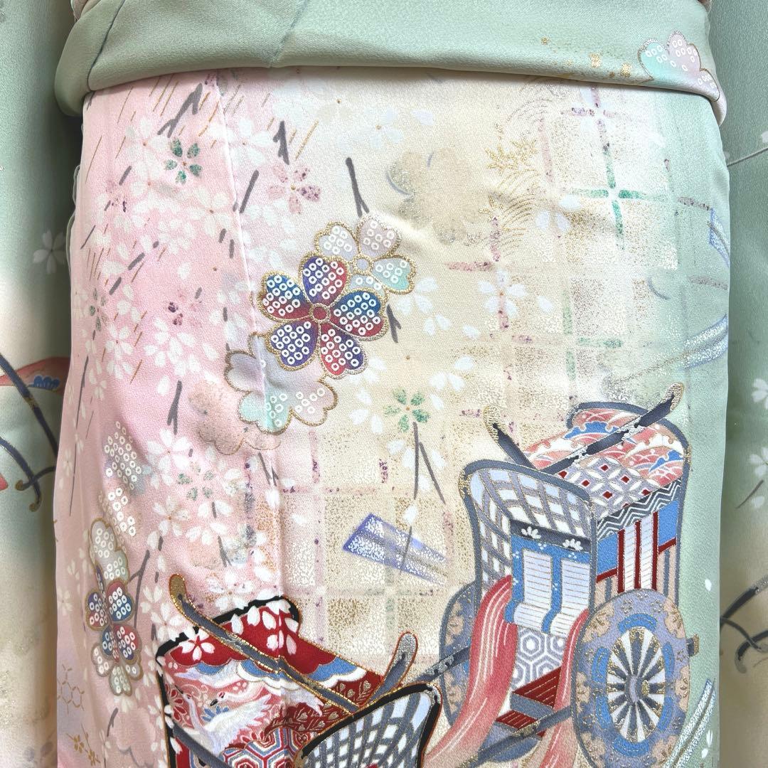 457 振袖フルセット 正絹 緑 グリーン ピンク 桃 金彩 駒刺繍 暈し染め