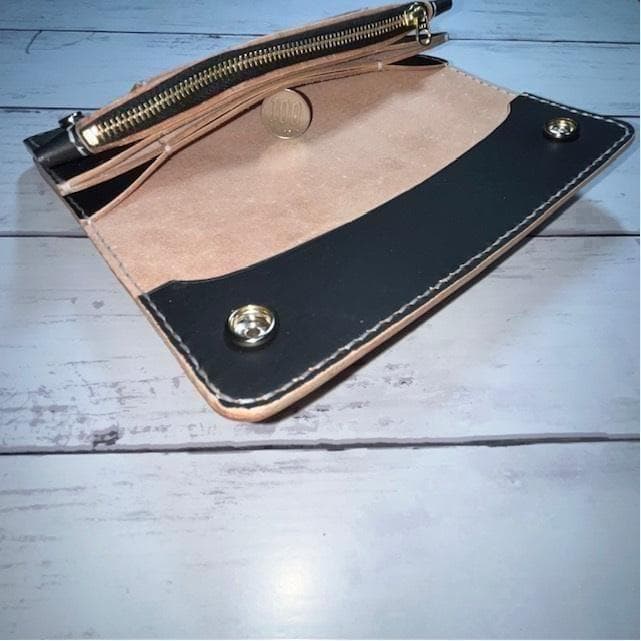 まーくん ロングトラッカーウォレット/姫路レザー茶芯黒色/ステッチ白色