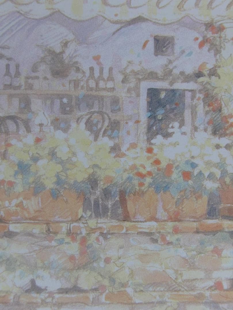 笹倉鉄平、【鉢植えのテラス】、希少な額装用画集より、状態良好、新品額装付