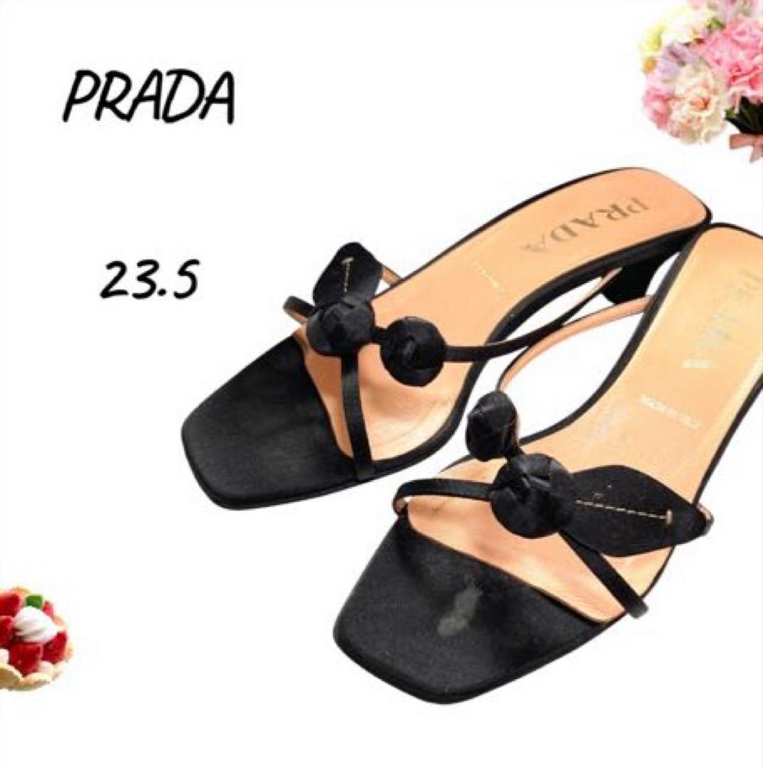 PRADA プラダ　サンダル　23.5 ミュール　黒　バラ　お花モチーフ　37
