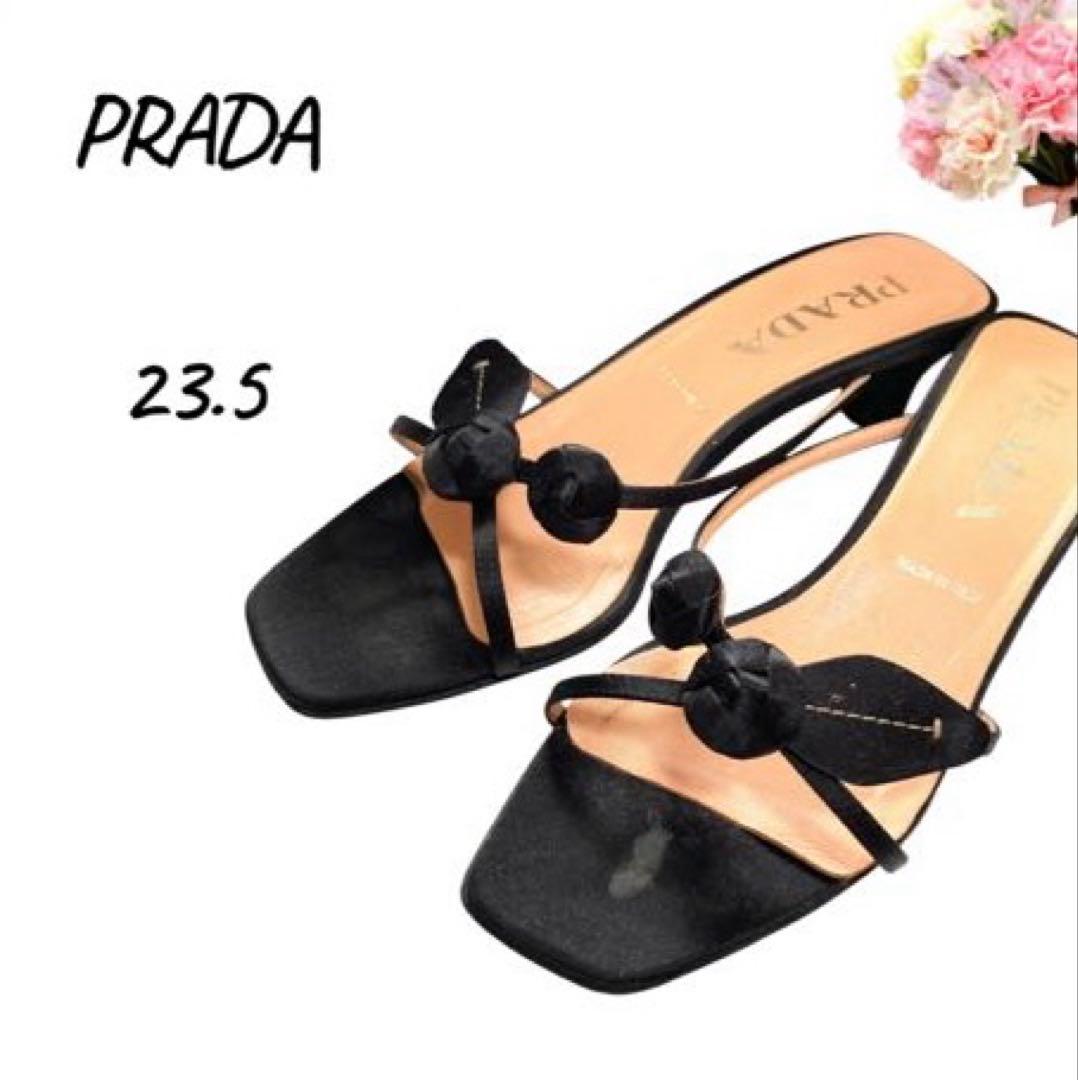 PRADA プラダ　サンダル　23.5 ミュール　黒　バラ　お花モチーフ　37